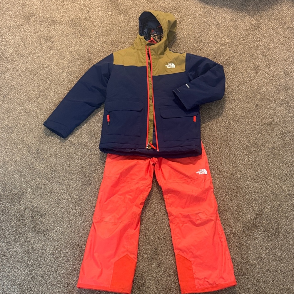 The North Face Kids' Navy and Olive Jacket with coordinating Bright Orange Pants